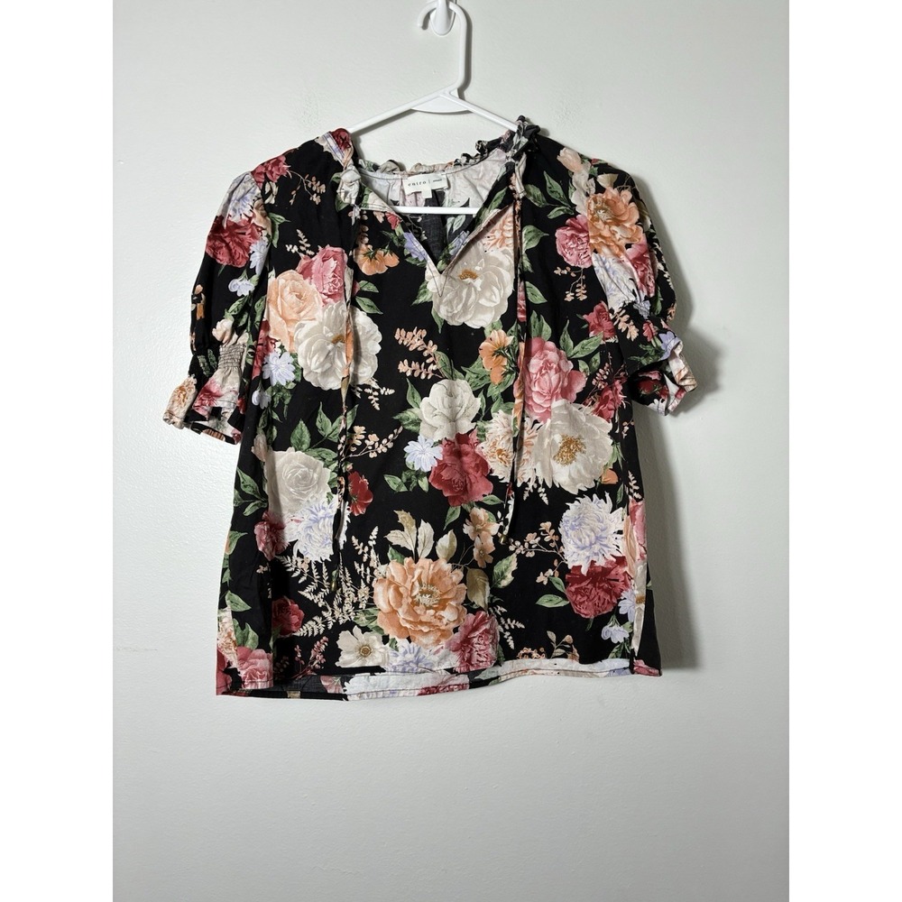 ENTRO Peasant Blouses Sz Small Black Floral Cotton Boho